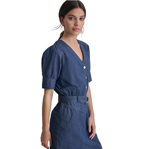 🌟DKNY Women's Puff-Sleeve Belted Cotton Denim Shirtdress - Picture 4 of 5
